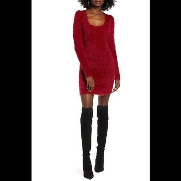 4siEnna red furry long sleeve sweater dress - Picture 1 of 14